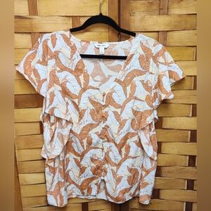 Nine West Leaf Orange Rust Ivory White Flutter Ruffle short sleeve Womens Size L